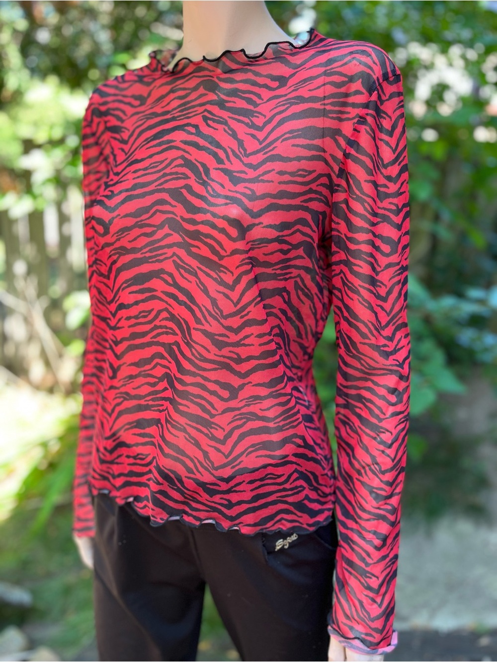 Zara Red and Black Sheer Zebra-Print Long Sleeve Top